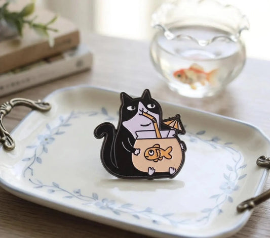 Funny Black Cat Fishbowl Enamel Pin, Chaotic Goldfish Cocktail Badge, Kawaii Cat Lover Gift, Quirky Backpack Flair, Cat Mom Gift for Friend