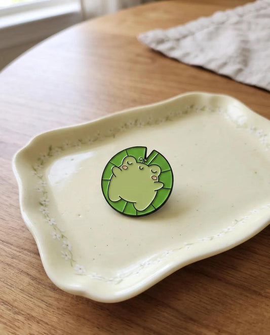 Zen Frog Enamel Pin, Cute Sleeping Frog on Lily Pad, Kawaii Froggy Lapel Pin for Tote Bags, Napping Frog Gift, Cozy Cottagecore Aesthetic