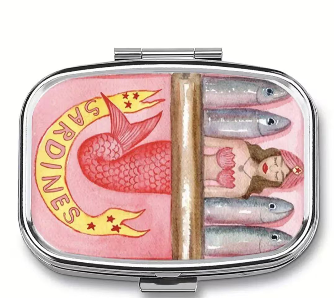 Mermaid Sardines Pill Case, Pocket Size Metal Mint Holder, Refillable Pill Box, Cute Kawaii Accessory, Small Gift Idea