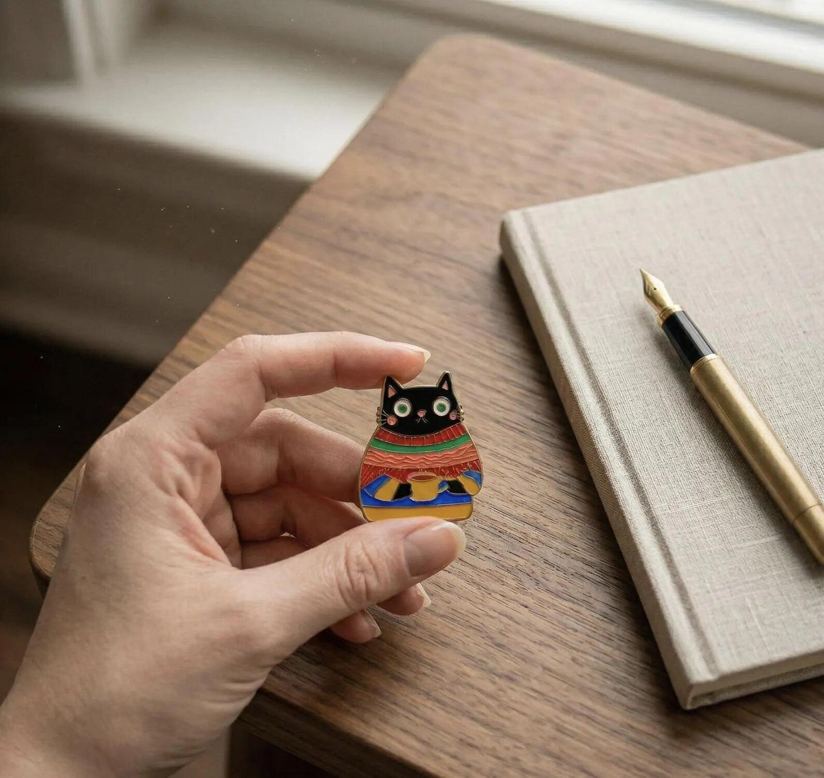 Black Cat in Sweater Enamel Pin, Kawaii Cozy Kitten Lapel Pin, Cute Cat Lover Gift, Backpack Flair for Cat Mom, Fall Aesthetic Animal Badge