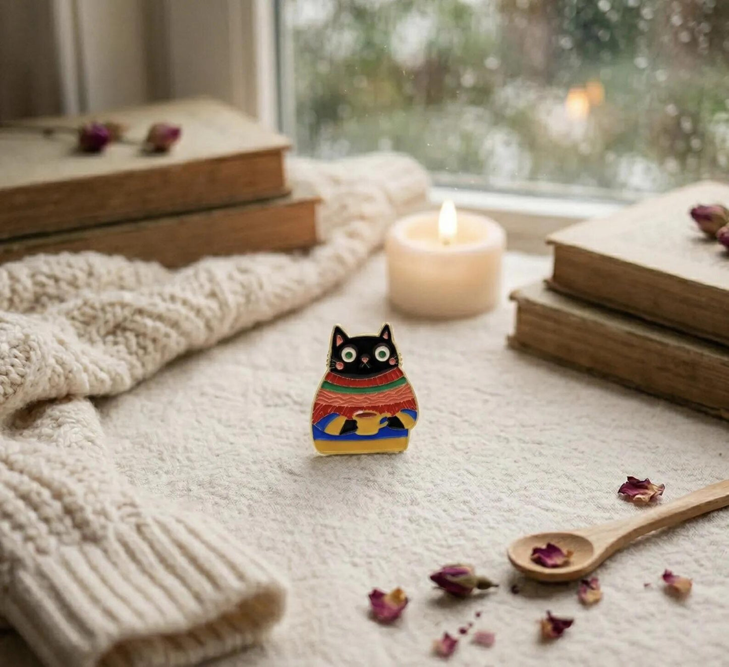 Black Cat in Sweater Enamel Pin, Kawaii Cozy Kitten Lapel Pin, Cute Cat Lover Gift, Backpack Flair for Cat Mom, Fall Aesthetic Animal Badge