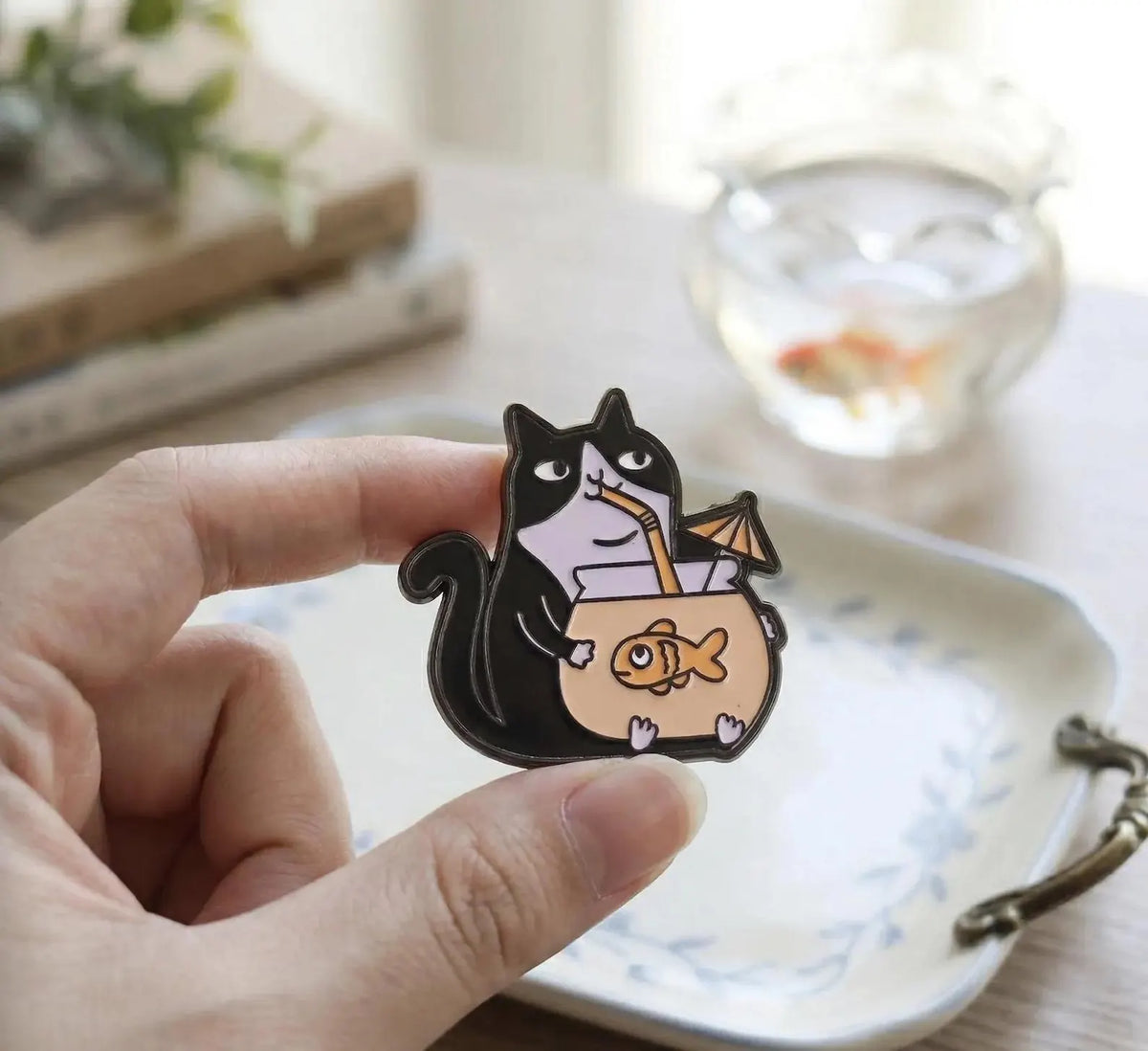 Funny Black Cat Fishbowl Enamel Pin, Chaotic Goldfish Cocktail Badge, Kawaii Cat Lover Gift, Quirky Backpack Flair, Cat Mom Gift for Friend