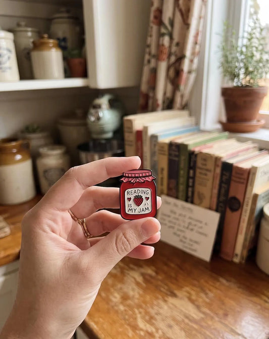 Strawberry Jam Jar Book Enamel Pin, Cute Cottagecore Reader Pin, Bibliophile Reading Gift, Bookish Tote Flair, Book Lover Gift for Her
