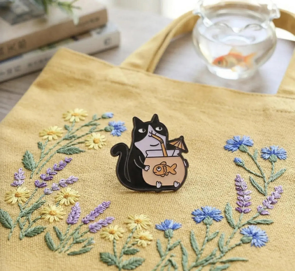 Funny Black Cat Fishbowl Enamel Pin, Chaotic Goldfish Cocktail Badge, Kawaii Cat Lover Gift, Quirky Backpack Flair, Cat Mom Gift for Friend