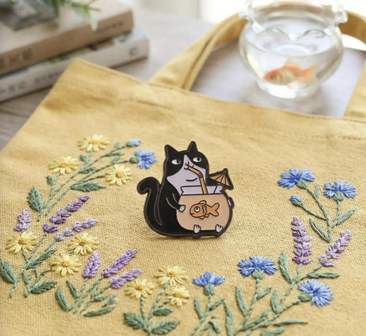 Funny Black Cat Fishbowl Enamel Pin, Chaotic Goldfish Cocktail Badge, Kawaii Cat Lover Gift, Quirky Backpack Flair, Cat Mom Gift for Friend