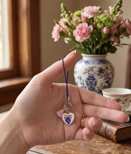 Flower Vase Phone Charm, Chinoiserie Floral Keychain, Grandmillennial Bag Charm, Vintage Ginger Jar Pendant, Cute Aesthetic Gift for Her