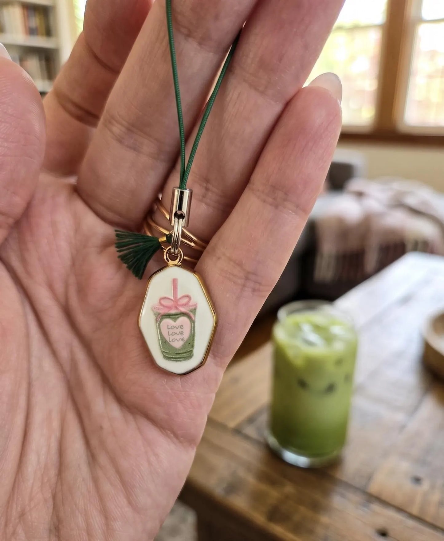Matcha Phone Charm, Cute Iced Matcha Latte Bag Charm, Kawaii Ceramic Charm with Green Tassel, Matcha Lover Gift for Her, Phone Strap