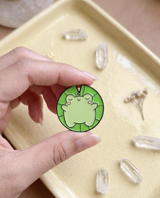 Zen Frog Enamel Pin, Cute Sleeping Frog on Lily Pad, Kawaii Froggy Lapel Pin for Tote Bags, Napping Frog Gift, Cozy Cottagecore Aesthetic