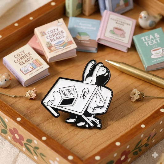 A cartoon-style enamel pin of a rabbit sitting at a desk reading, displayed on a wooden tray with miniature books and stationery props. Work and Study Enamel Pin, Cute Student Laptop and Books Pin, Kawaii School Accessory, Black & White Brooch, Backpack Gift, Desk Decor
