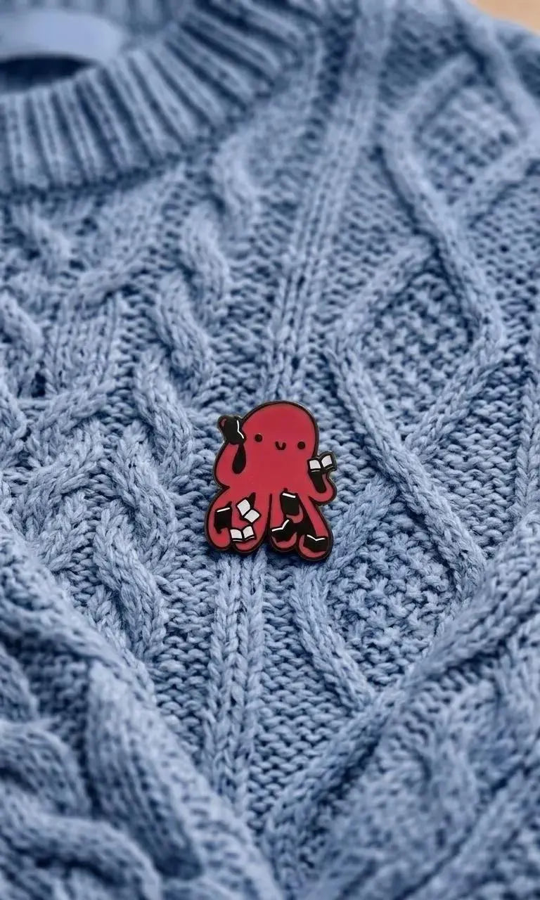A red octopus-shaped enamel pin with black outlines and white accents, displayed on a wooden bookshelf next to books and a small glass vase with dried flowers. Red Octopus Reading Book Enamel Pin, Cute Bookworm Brooch, Nerdy Library Jewelry, Academic Animal Badge, Reader Gift, Teacher Appreciation