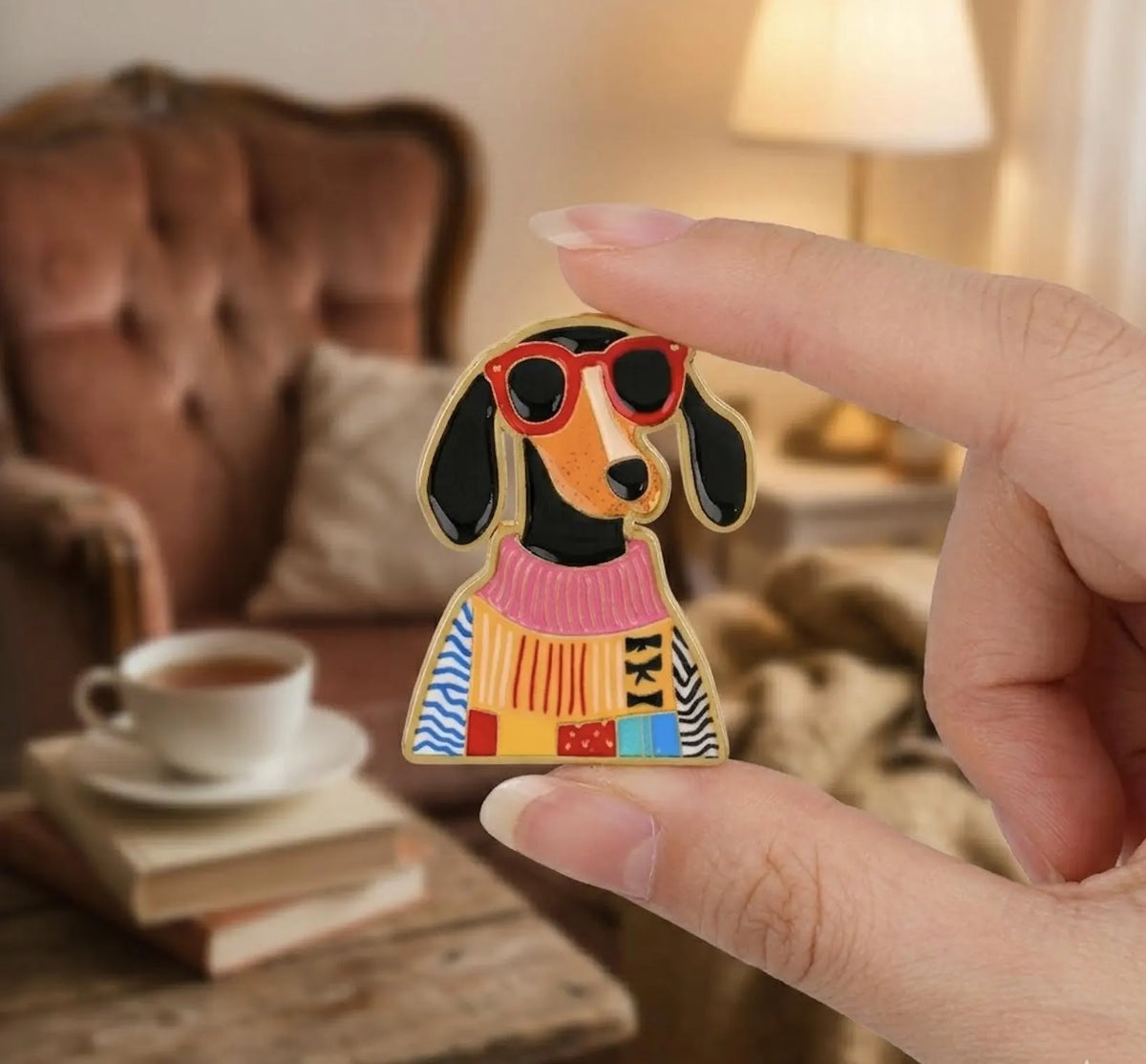 Cool Dachshund in Colorful Sweater Enamel Pin, Cute Wiener Dog Lapel Badge, Dachshund Lover Gift, Doxie Dog Mom Accessory, Cozy Sausage Dog