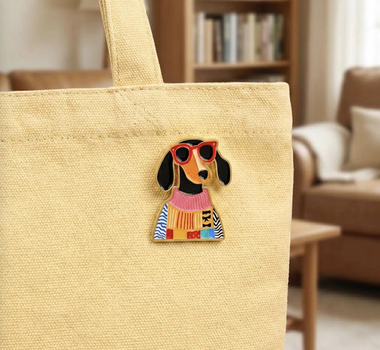 Cool Dachshund in Colorful Sweater Enamel Pin, Cute Wiener Dog Lapel Badge, Dachshund Lover Gift, Doxie Dog Mom Accessory, Cozy Sausage Dog