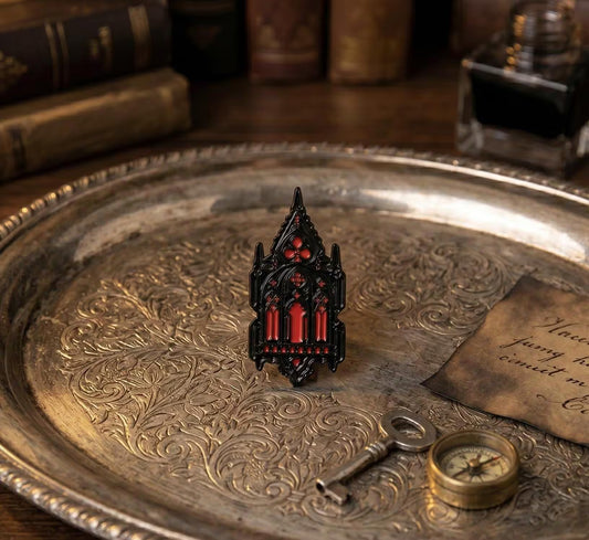 Gothic Window Enamel Pin - Dracula Aesthetic Metal Badge - Vampire Castle Jewelry - Dark Academia Accessories, Spooky, Haunted Gifts
