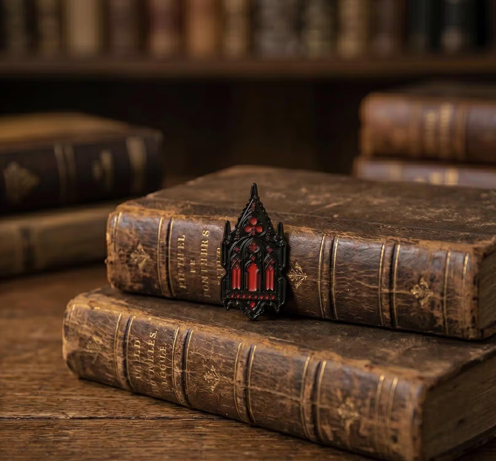 Gothic Window Enamel Pin - Dracula Aesthetic Metal Badge - Vampire Castle Jewelry - Dark Academia Accessories, Spooky, Haunted Gifts