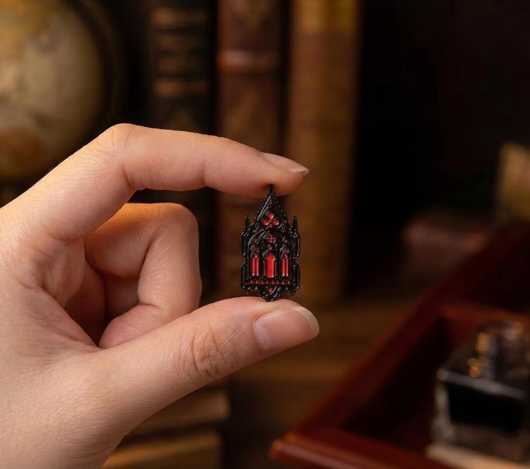 Gothic Window Enamel Pin - Dracula Aesthetic Metal Badge - Vampire Castle Jewelry - Dark Academia Accessories, Spooky, Haunted Gifts