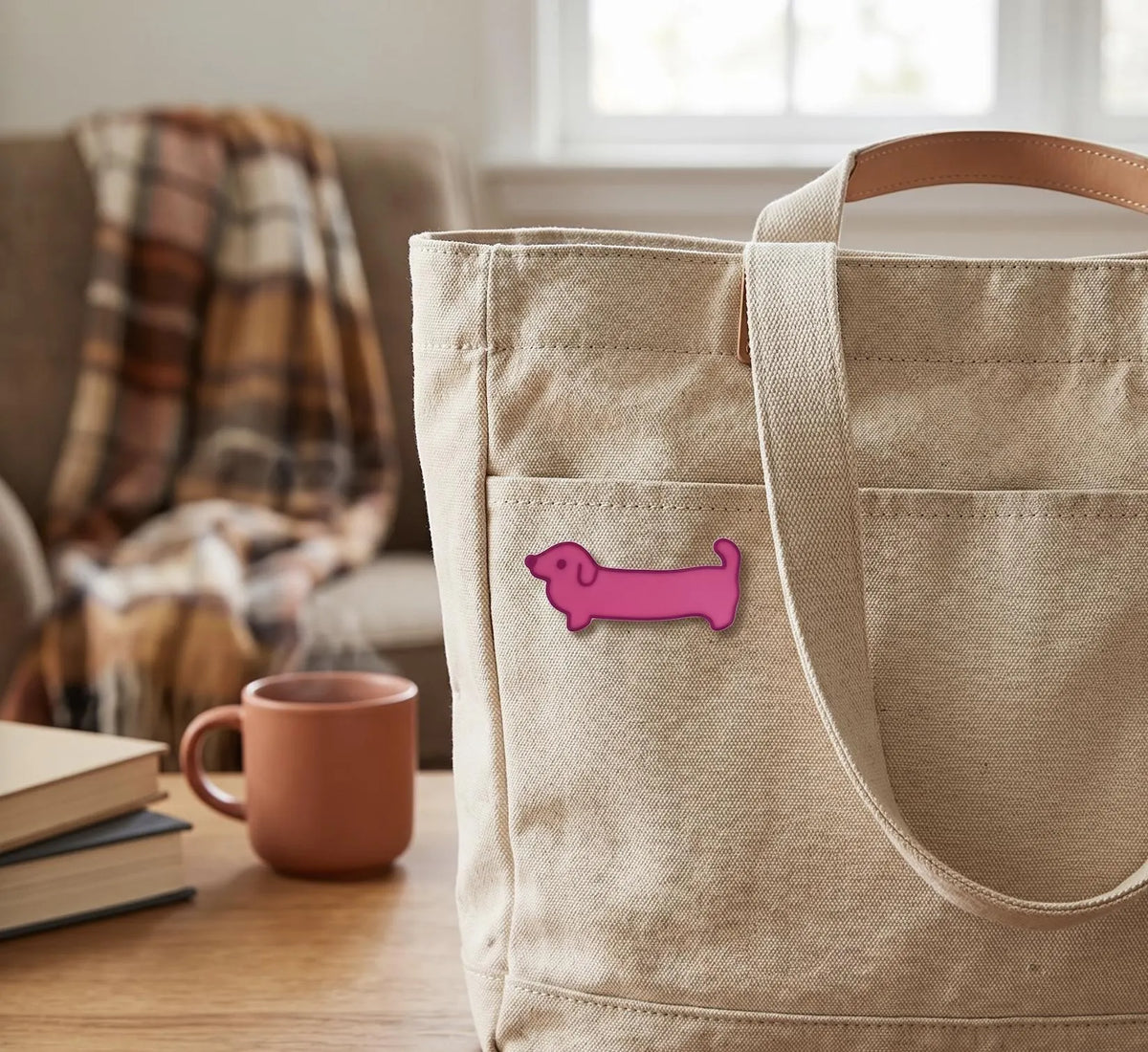A small pink dachshund-shaped accessory sits on a cream-colored table in the foreground, with a blurred dog resting on a gray blanket in the background. A small pink dachshund-shaped enamel pin rests on a rustic wooden table next to a blue book with gold lettering. The background is a softly blurred living room scene with a plaid armchair and a window. Pink Dachshund Enamel Pin, Cute Wiener Dog Lapel Pin, Dachshund Lover Gift, Doxie Dog Mom Accessories, Hot Pink Sausage Dog Flair, Cute Pins