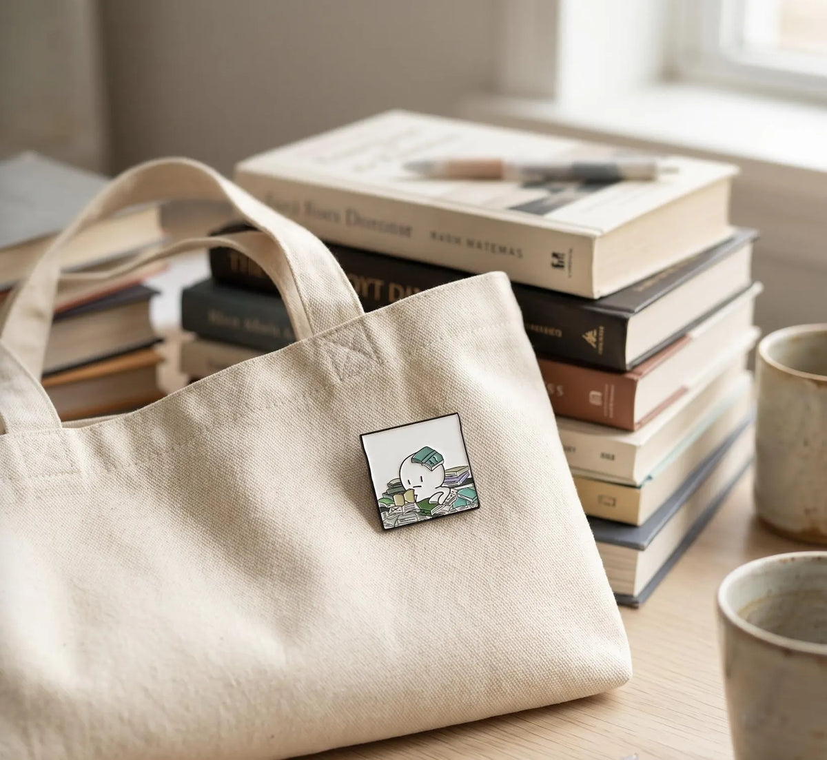 A hand holds a small square charm or pendant featuring a cartoon character surrounded by books, with a softly blurred living room in the background. Too Many Books Too Little Time Enamel Pin, Funny Reading Lapel Pin for Book Lovers, Cute Bookworm Gift, Relatable Bibliophile Reader Bag Pin