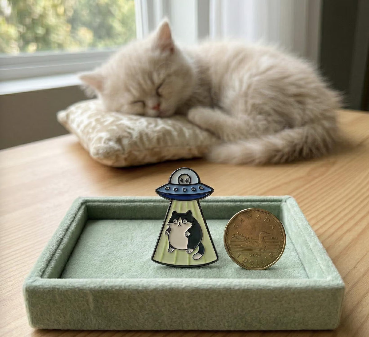 A small enamel pin shaped like a UFO with a sleeping cat inside is displayed in a light green felt tray next to a coin for scale, with a fluffy cream-colored cat sleeping on a pillow in the background near a window. A small enamel pin shaped like a black-and-white cat under a blue UFO with green rays, displayed on a wooden tray with colorful paper and an ink bottle in the background.Black Cat Alien Enamel Pin - Space Core UFO Cat Pin for Backpacks - Cute Galaxy Kitten Pin - Unique Spooky Gift for Cat Lovers