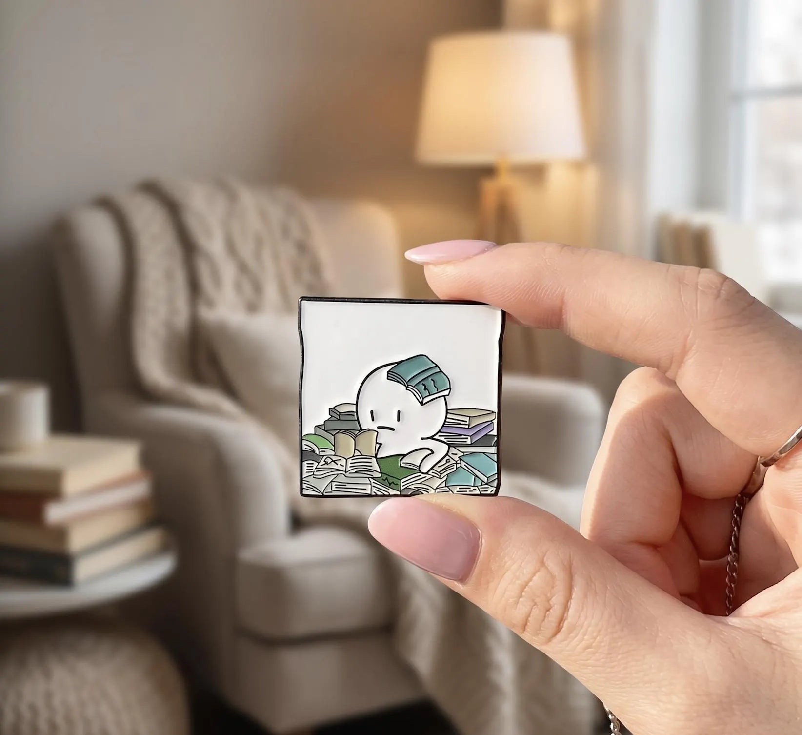 A hand holds a small square charm or pendant featuring a cartoon character surrounded by books, with a softly blurred living room in the background. Too Many Books Too Little Time Enamel Pin, Funny Reading Lapel Pin for Book Lovers, Cute Bookworm Gift, Relatable Bibliophile Reader Bag Pin