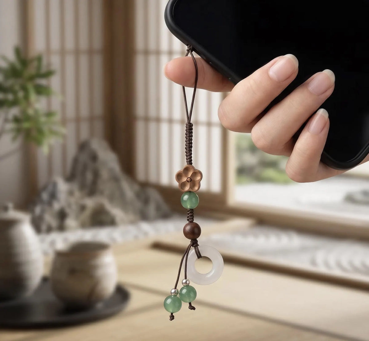 A close-up of a hand holding a black smartphone, showing a decorative phone strap with a braided cord, bronze flower charm, green and brown beads, a white jade disc, and small green beads, set against a softly blurred Japanese-style interior background. Plum Blossom Phone Charm, Wooden Flower Phone Strap, Jade Green Glass Ring Accessory, Cute Aesthetic Bag Flair, Cozy Handmade Gift for Her