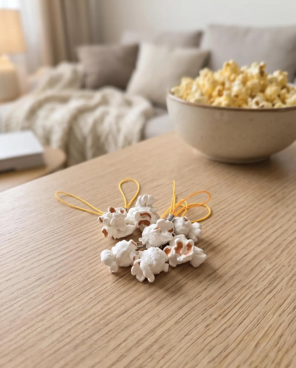 A hand holding a small cream-colored plush charm on a yellow cord, with a cozy indoor background featuring a lamp, books, and a knitted blanket. Popcorn Lover Phone Charm, Cute Miniature Food Keychain, Movie Lover Gift, Funky Cute Keychain, Corn gift, Quirky Movie Theater, Movie Night