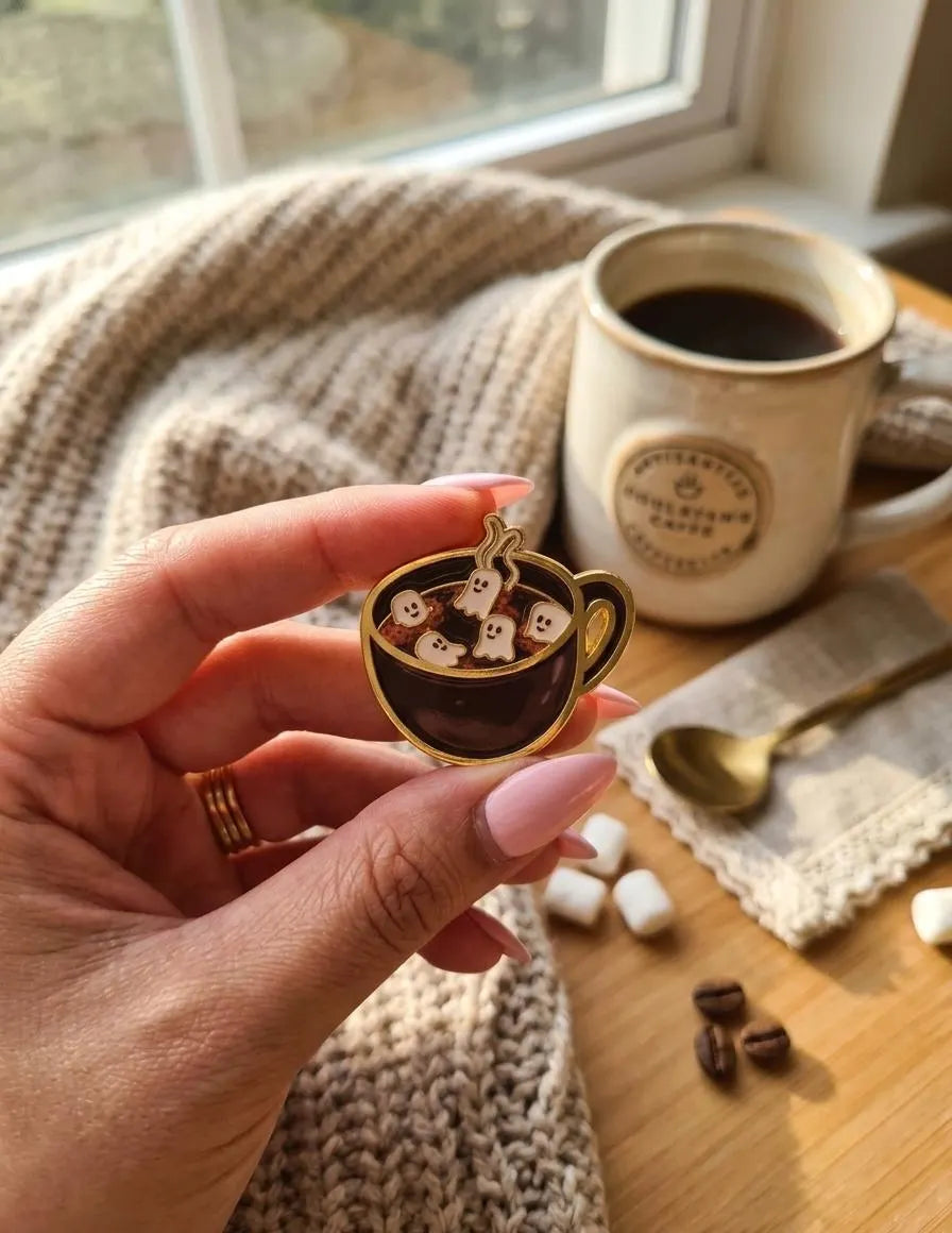 A hand with pink manicured nails holds a small enamel pin shaped like a cup of hot chocolate with marshmallows, set against a cozy background of a coffee mug, knit blanket, and wooden table. GhostMallow Hot Chocolate Enamel Pin | Coffee Lover Gift, Halloween Pin | Cute Spooky Lovers Gift | Ghostly Bag Accessories, Marshmallows
