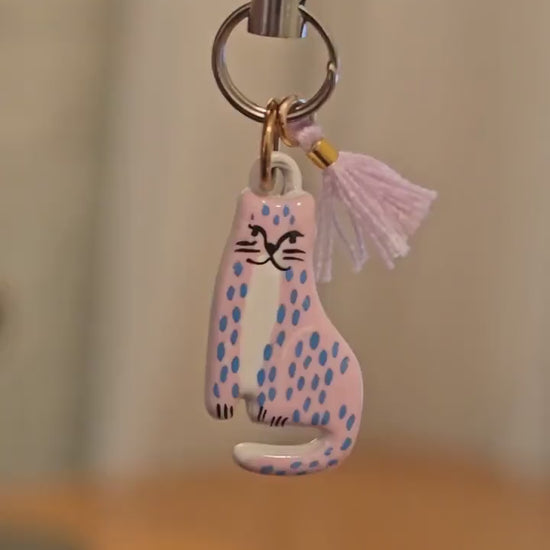 Pink Cat Phone Charm, Cute Leopard Spot Kitty Bag Charm, Kawaii Acrylic Phone Strap with Tassel, Trendy Cat Lover Gift for Her