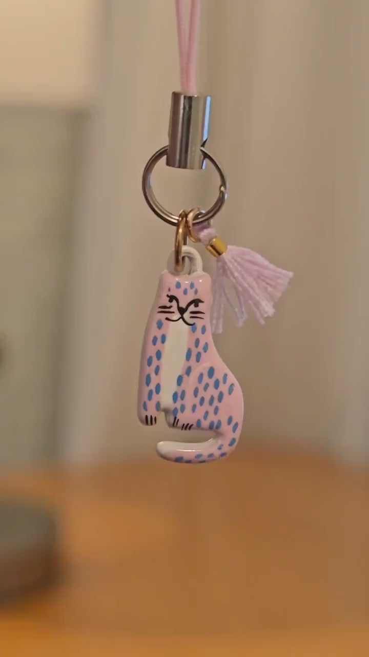 Pink Cat Phone Charm, Cute Leopard Spot Kitty Bag Charm, Kawaii Acrylic Phone Strap with Tassel, Trendy Cat Lover Gift for Her