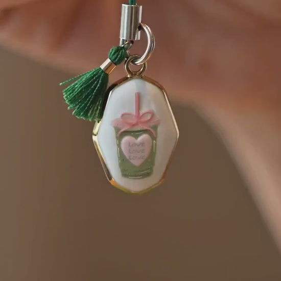 Matcha Phone Charm, Cute Iced Matcha Latte Bag Charm, Kawaii Ceramic Charm with Green Tassel, Matcha Lover Gift for Her, Phone Strap