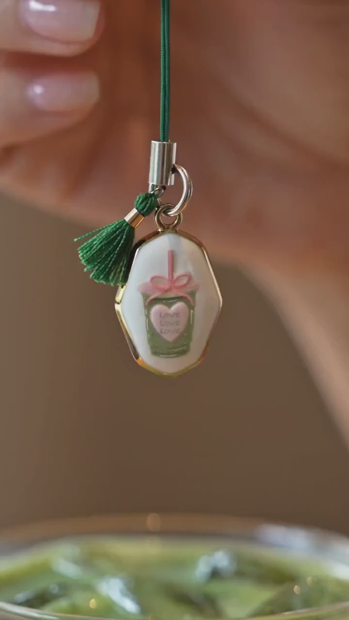 Matcha Phone Charm, Cute Iced Matcha Latte Bag Charm, Kawaii Ceramic Charm with Green Tassel, Matcha Lover Gift for Her, Phone Strap