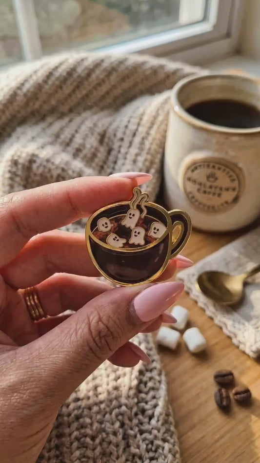 Hot Chocolate Ghost Enamel Pin, Cute Marshmallow Halloween Pin, Coffee Lover Gift, Kawaii Spooky Season Lapel Pin, Cozy Fall Backpack Flair